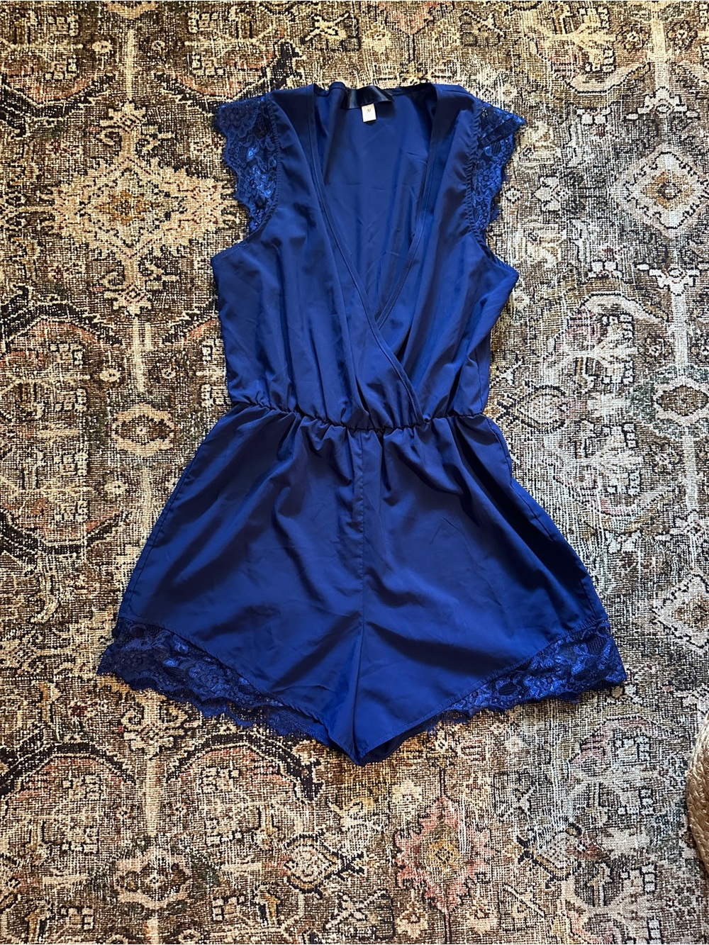 FRANCESCAS Blue Silk Lace-Trim Romper
